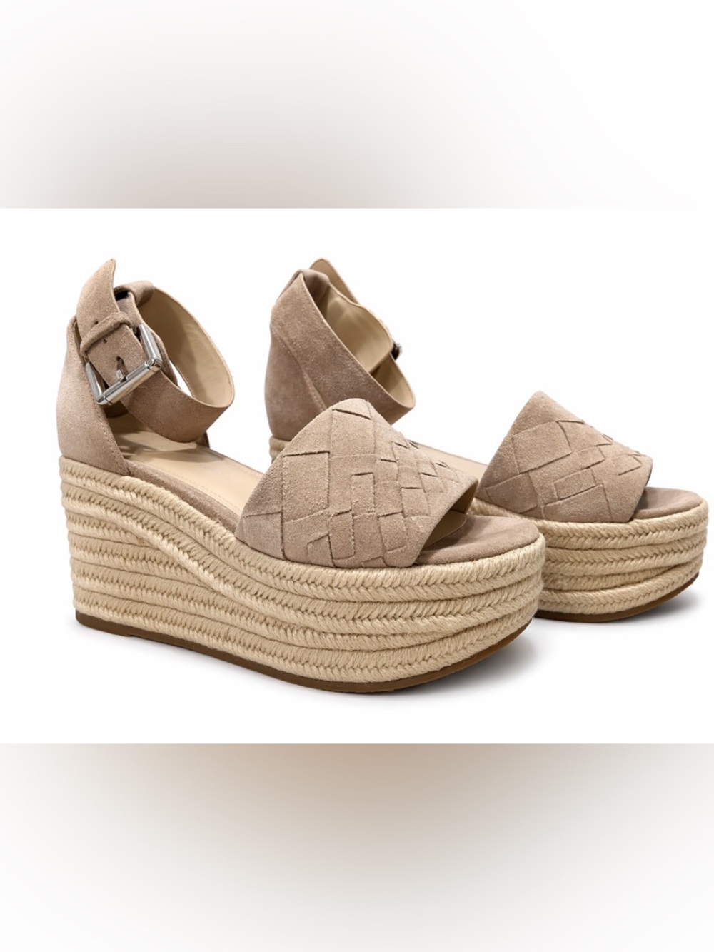 Marc Fisher Platform Espadrille Wedge Sandals Nude Suede Ankle Strap Size 7
